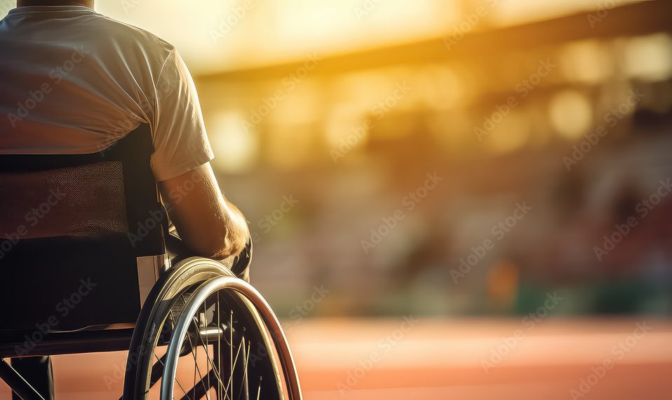 Osoba na wózku inwalidzkim znajduje się na zewnątrz, naprzeciwko oświetlonego słońcem boiska sportowego lub bieżni, z ciepłym światłem słonecznym oświetlającym scenę z tła.